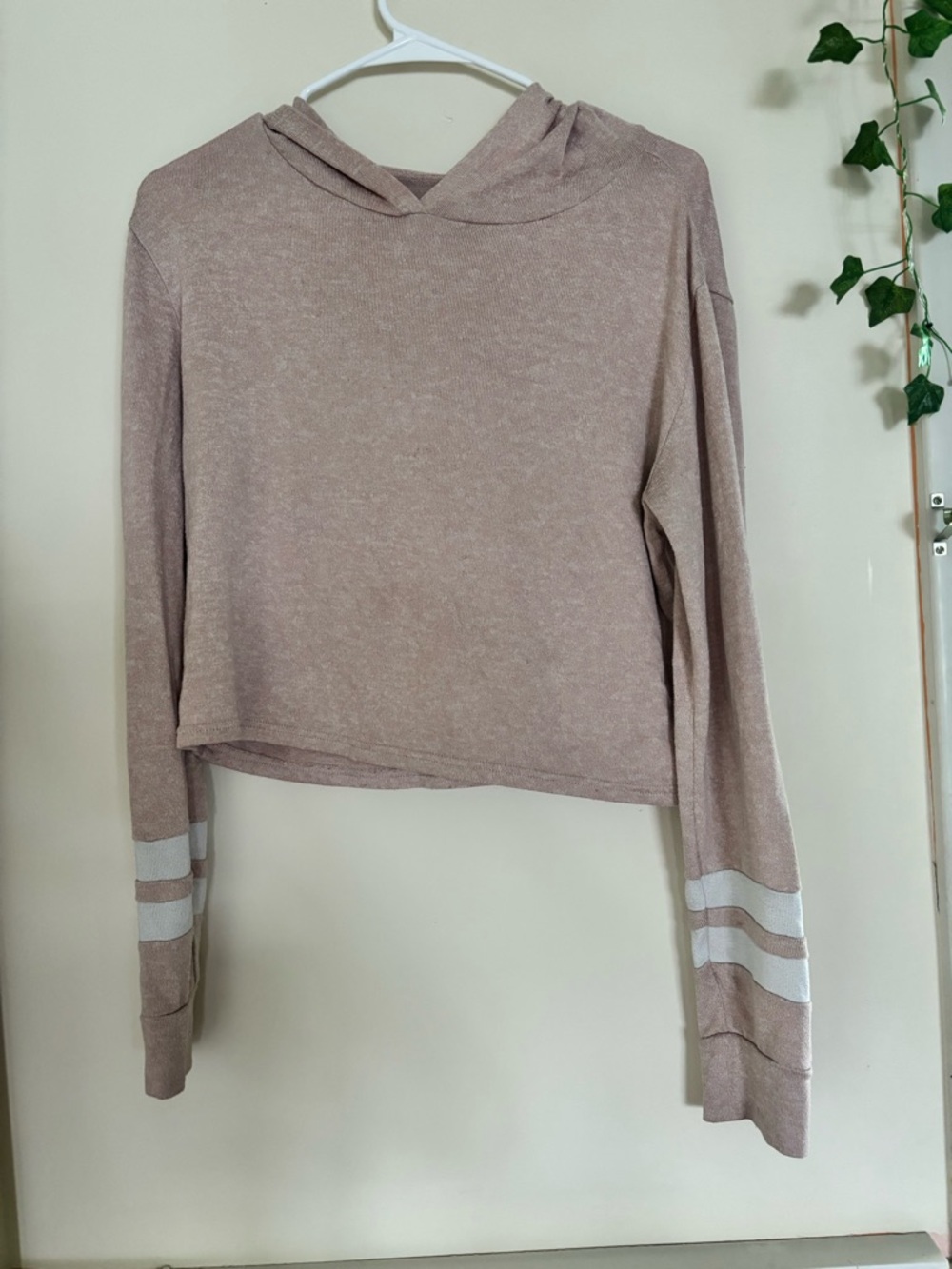 flirtitude Mauve Hooded Cropped Sweatshirt with White Sleeve Stripes